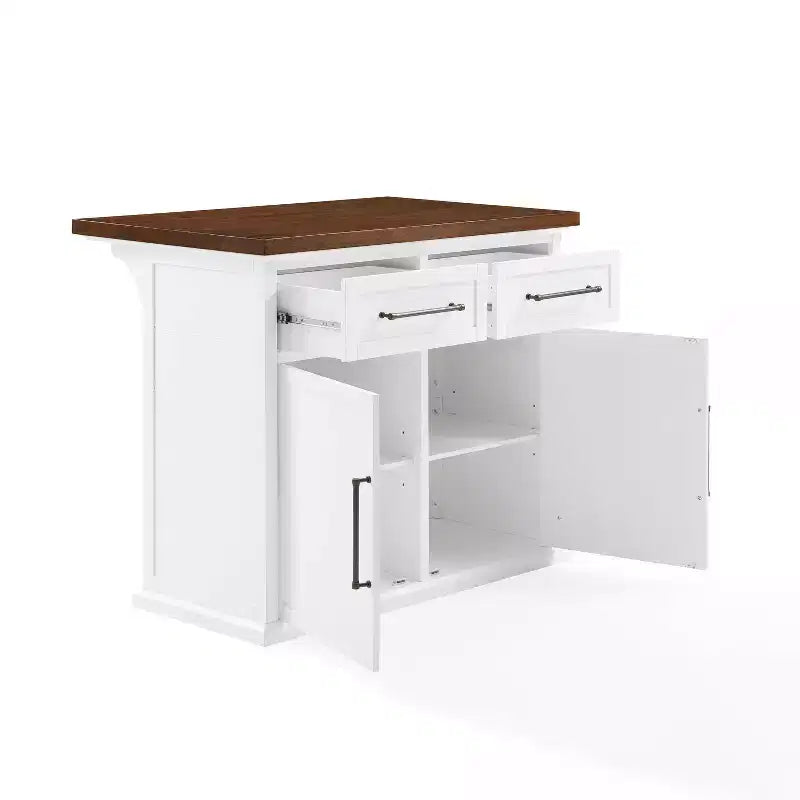 Îlot de cuisine Bartlett Wood Top Blanc/Noyer : Style traditionnel, Étagères réglables, Chariot de rangement