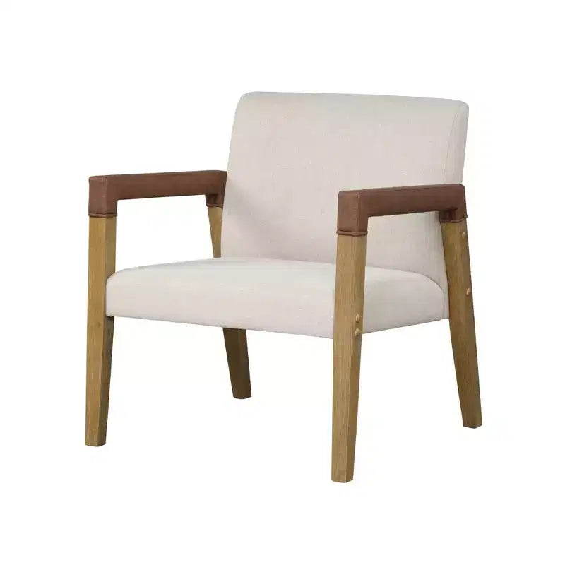 Fauteuil d'appoint 30 po en bois et similicuir, rembourré, marron clair brossé/lin/châtaigne