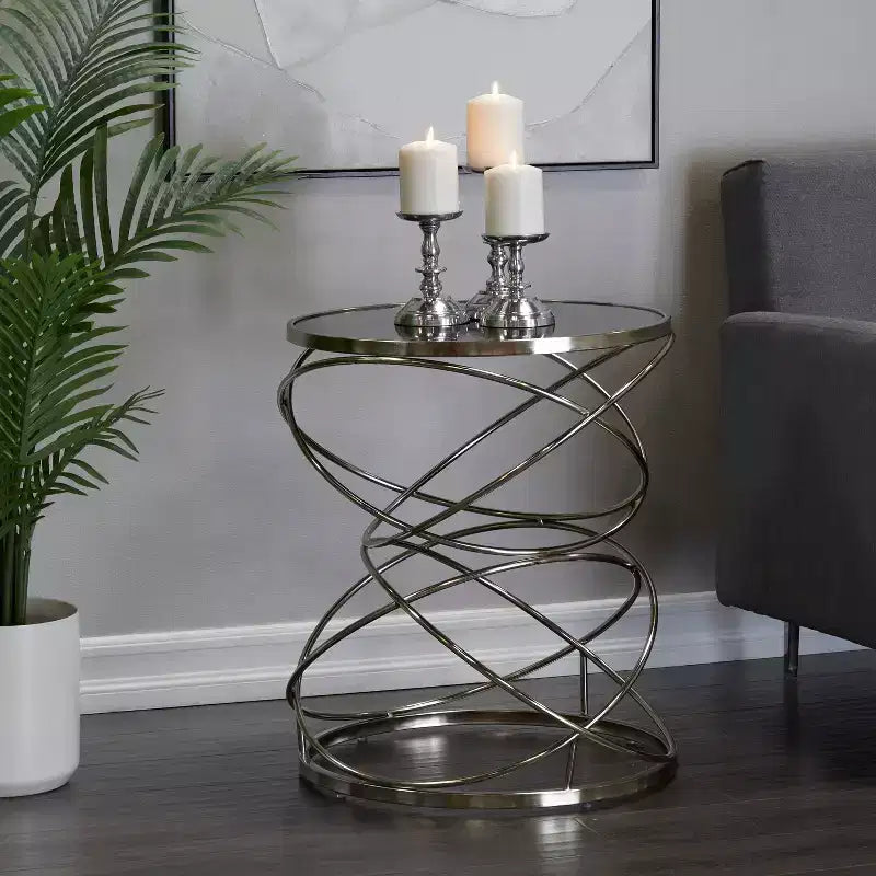 Table d'appoint contemporaine en marbre, anneau ouvert, argent - Olivia & May : Aucun assemblage, utilisation en intérieur, forme ronde