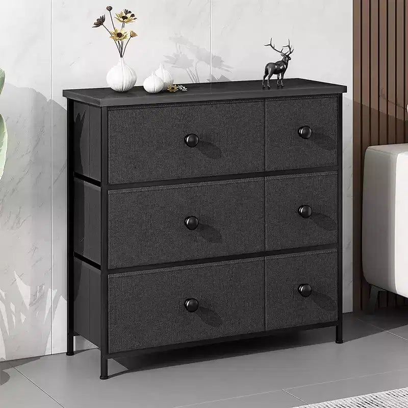 Commode de Rangement 6 Tiroirs à Cadre en Acier avec Dessus Imperméable, Pieds Réglables et Fixation Murale de Sécurité pour Chambre à Coucher