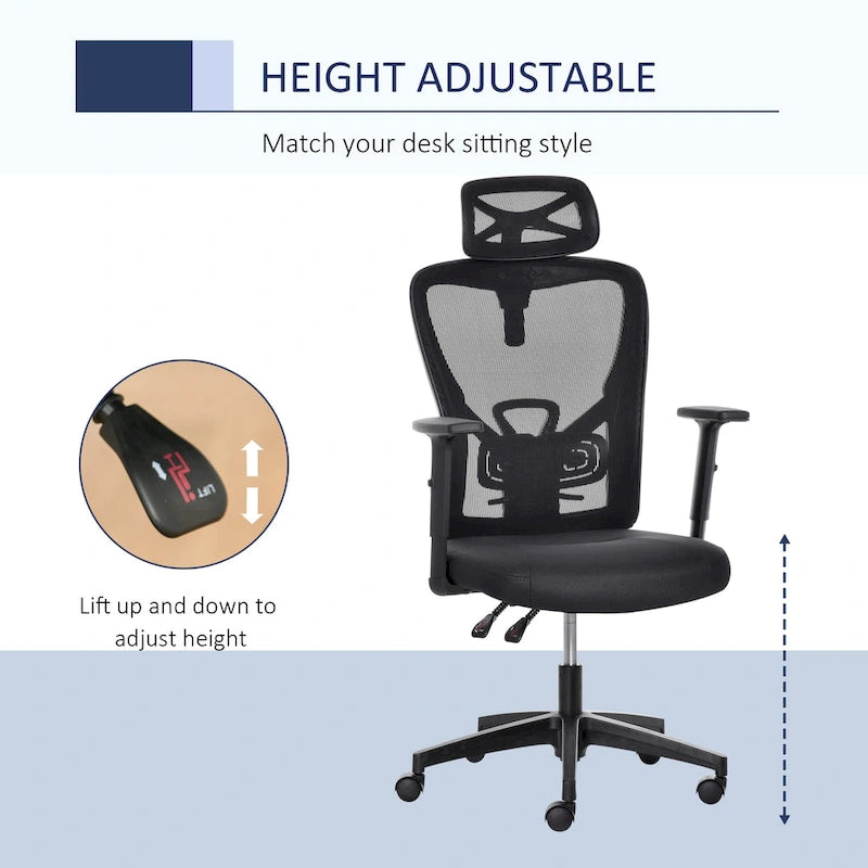 Chaise de bureau à dossier haut en maille Vinsetto, chaise de travail ergonomique pour ordinateur avec support lombaire, appui-tête rotatif, réglable