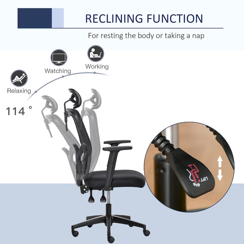 Chaise de bureau à dossier haut en maille Vinsetto, chaise de travail ergonomique pour ordinateur avec support lombaire, appui-tête rotatif, réglable