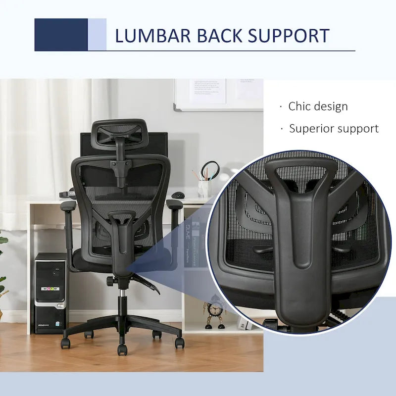 Chaise de bureau à dossier haut en maille Vinsetto, chaise de travail ergonomique pour ordinateur avec support lombaire, appui-tête rotatif, réglable