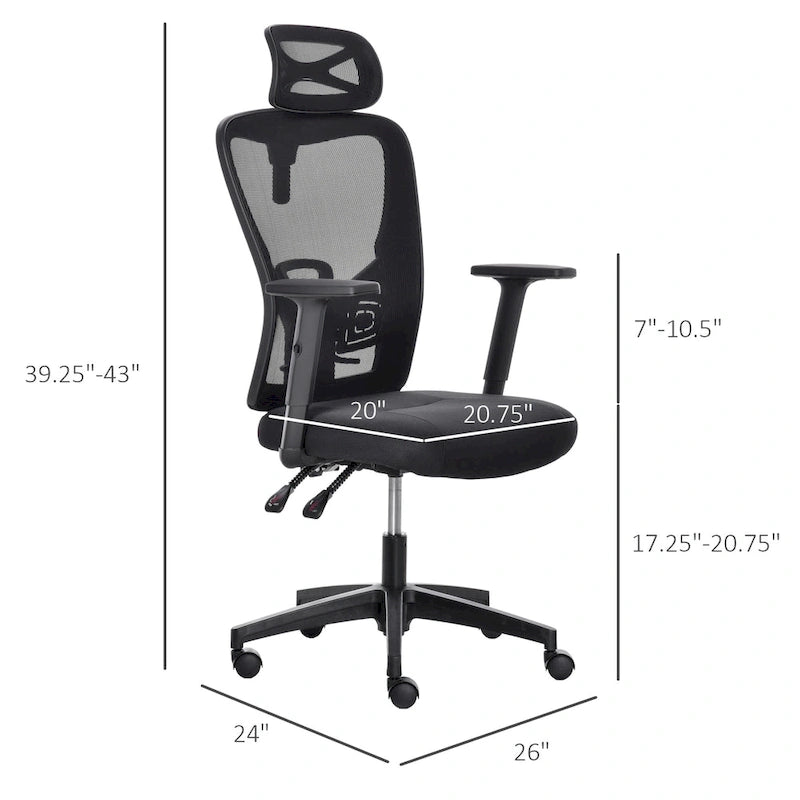 Chaise de bureau à dossier haut en maille Vinsetto, chaise de travail ergonomique pour ordinateur avec support lombaire, appui-tête rotatif, réglable