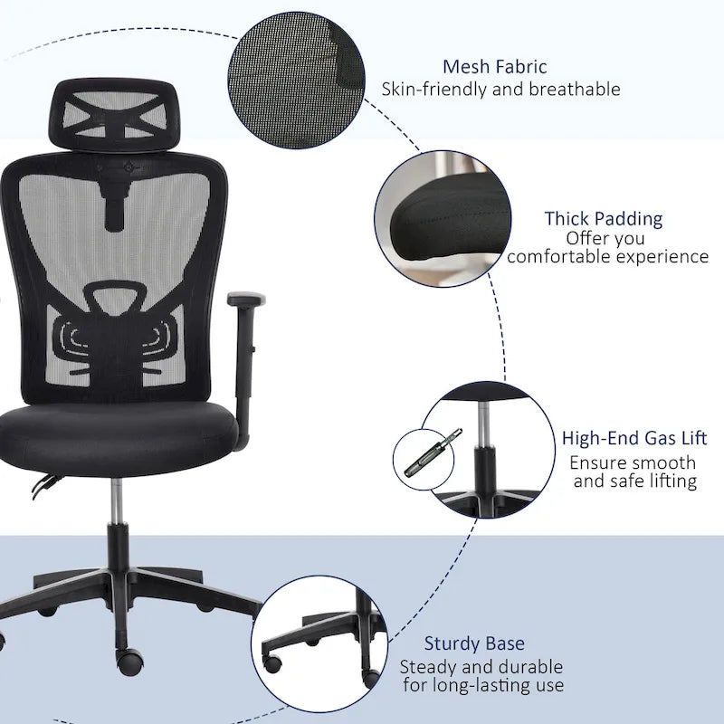Chaise de bureau à dossier haut en maille Vinsetto, chaise de travail ergonomique pour ordinateur avec support lombaire, appui-tête rotatif, réglable