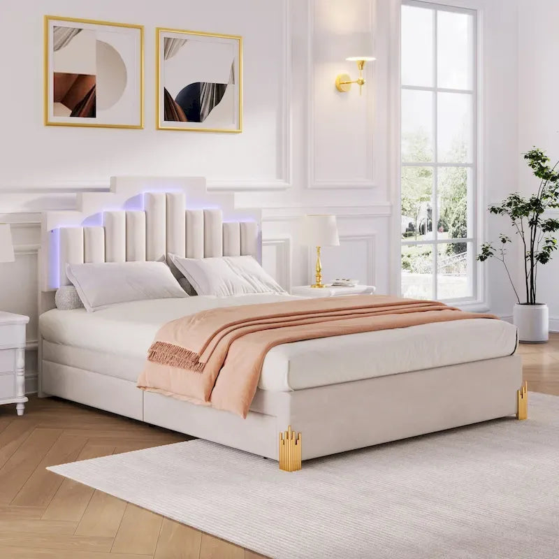 Lit plateforme tapissé beige Queen size avec lumières et tiroirs