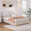 Lit plateforme tapissé beige Queen size avec lumières et tiroirs