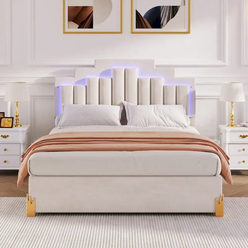 Lit plateforme tapissé beige Queen size avec lumières et tiroirs