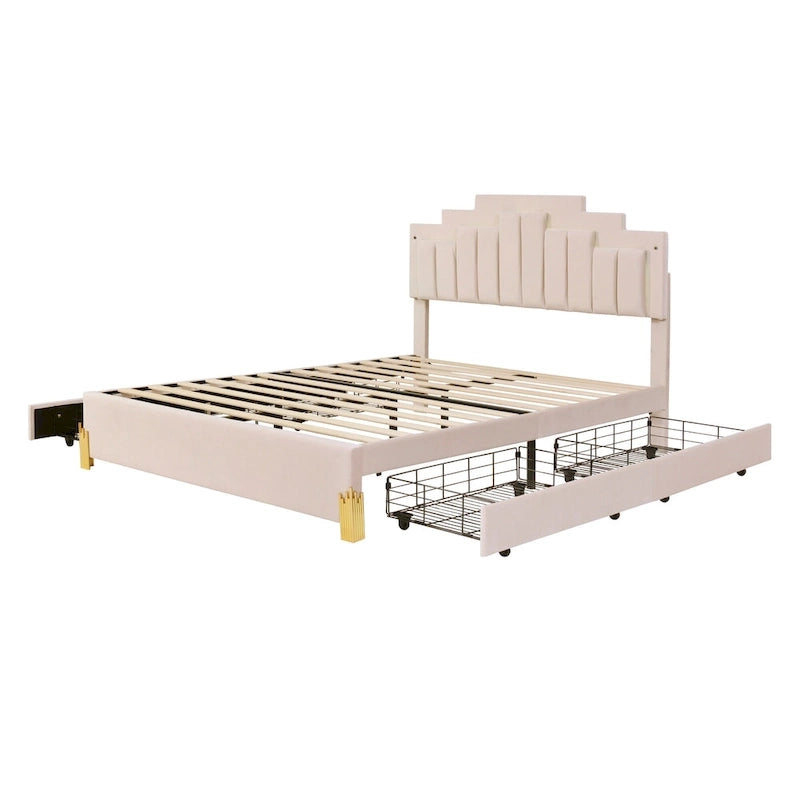 Lit plateforme tapissé beige Queen size avec lumières et tiroirs