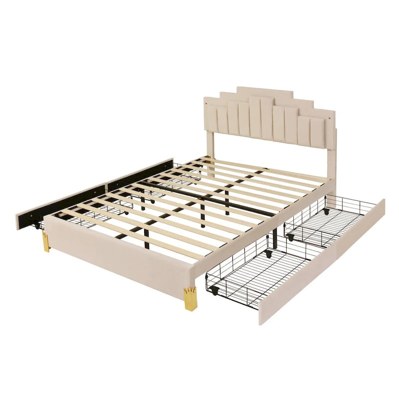 Lit plateforme tapissé beige Queen size avec lumières et tiroirs