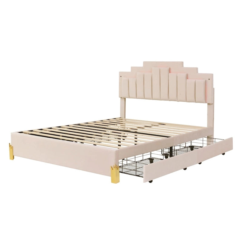 Lit plateforme tapissé beige Queen size avec lumières et tiroirs