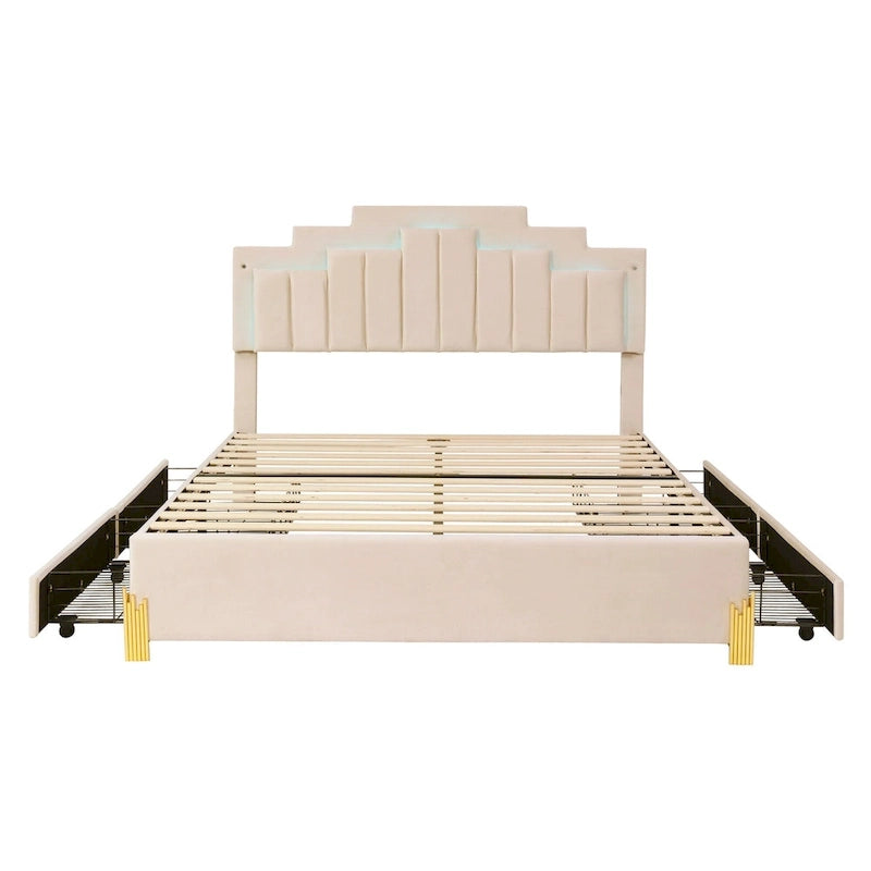 Lit plateforme tapissé beige Queen size avec lumières et tiroirs