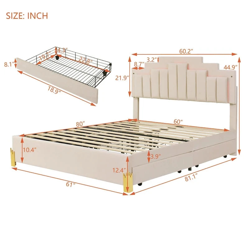 Lit plateforme tapissé beige Queen size avec lumières et tiroirs