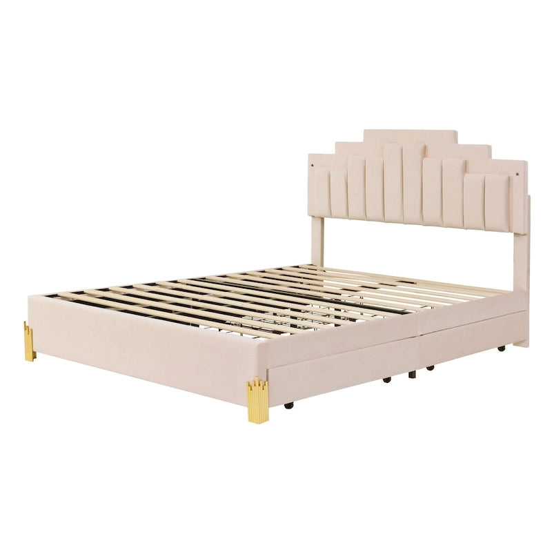 Lit plateforme tapissé beige Queen size avec lumières et tiroirs