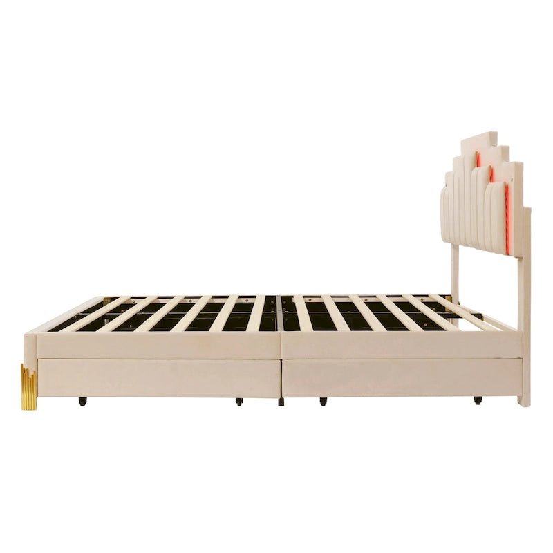 Lit plateforme tapissé beige Queen size avec lumières et tiroirs
