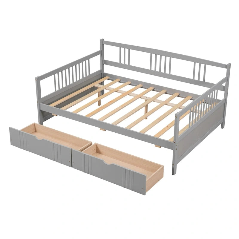 Lit de repos double en bois avec deux tiroirs
