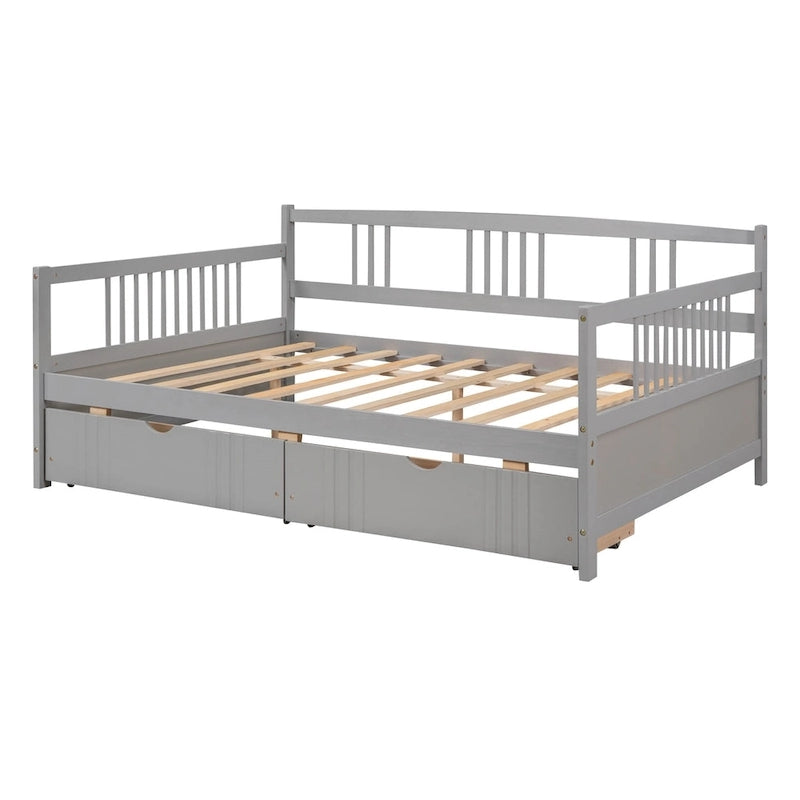 Lit de repos double en bois avec deux tiroirs