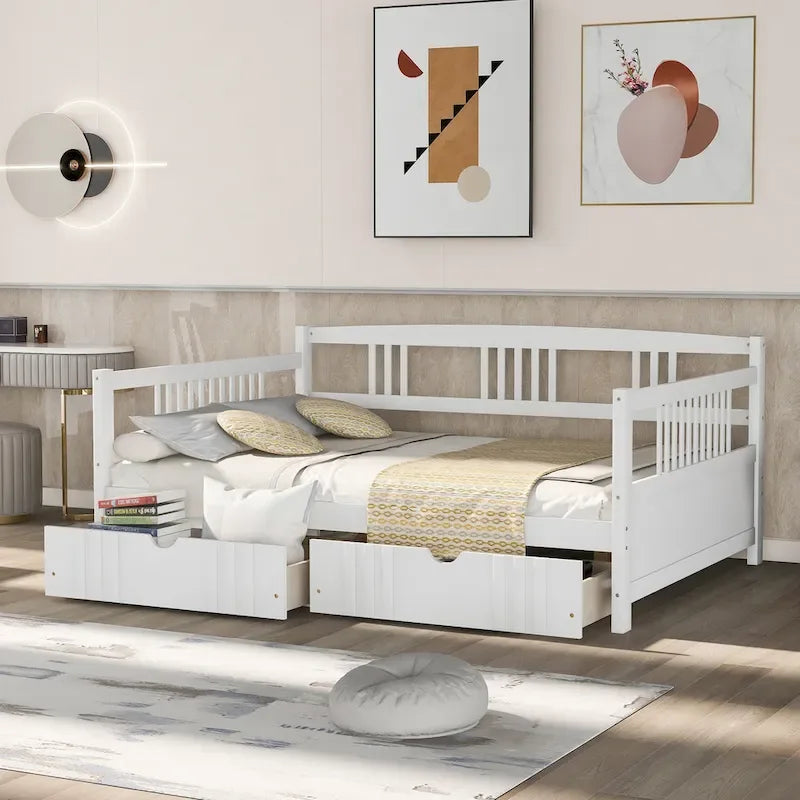 Lit de repos double en bois avec deux tiroirs