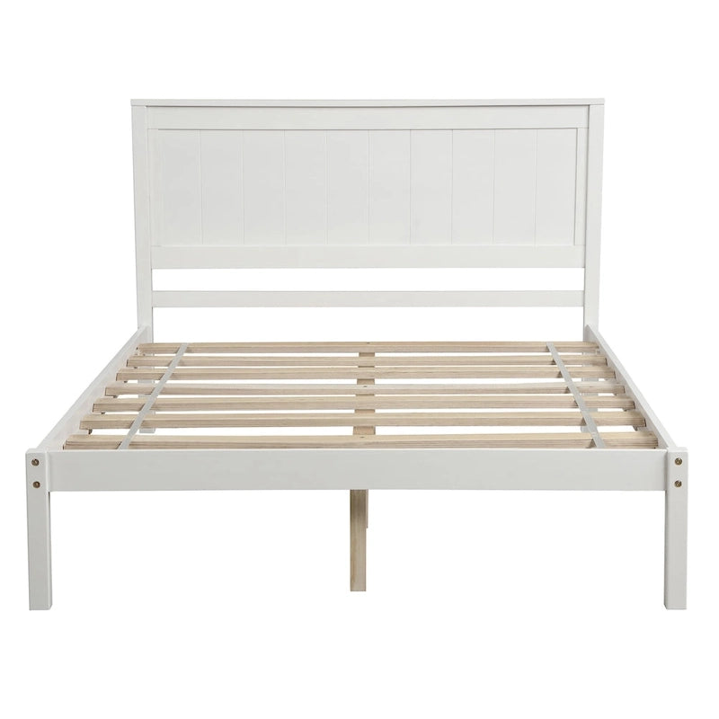 Cadre de lit plateforme parfaitement simple avec sommier à lattes en bois et tête de lit intégrée, fabriqué en pin