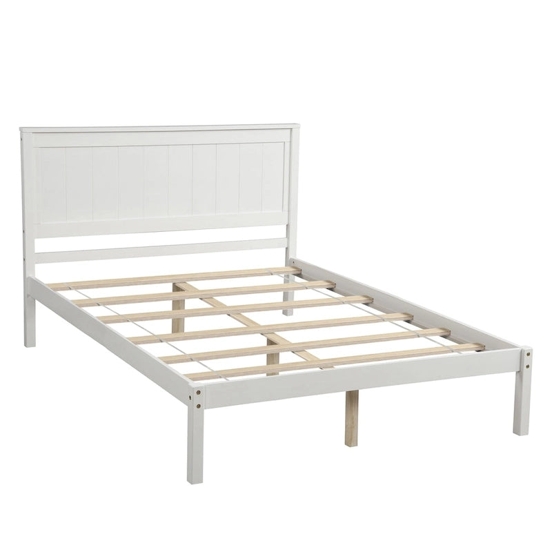 Cadre de lit plateforme parfaitement simple avec sommier à lattes en bois et tête de lit intégrée, fabriqué en pin