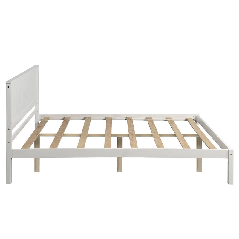 Cadre de lit plateforme parfaitement simple avec sommier à lattes en bois et tête de lit intégrée, fabriqué en pin