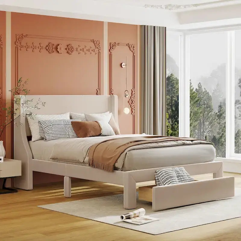Lit plateforme tapissé en velours beige pleine grandeur avec grand tiroir