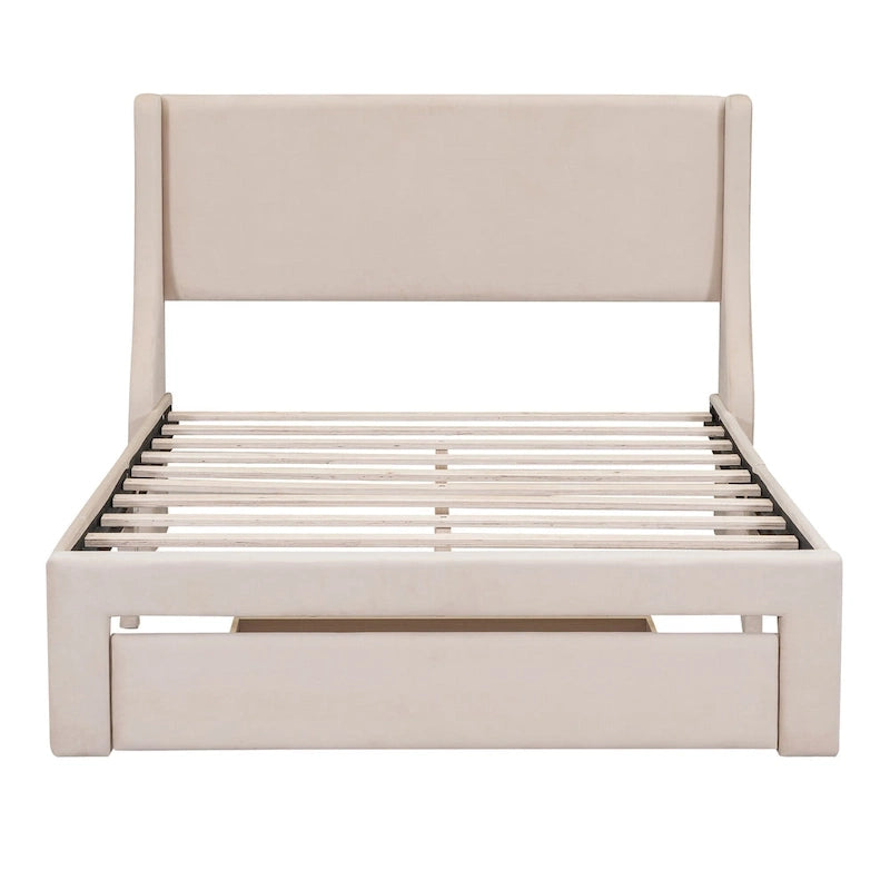 Lit plateforme tapissé en velours beige pleine grandeur avec grand tiroir