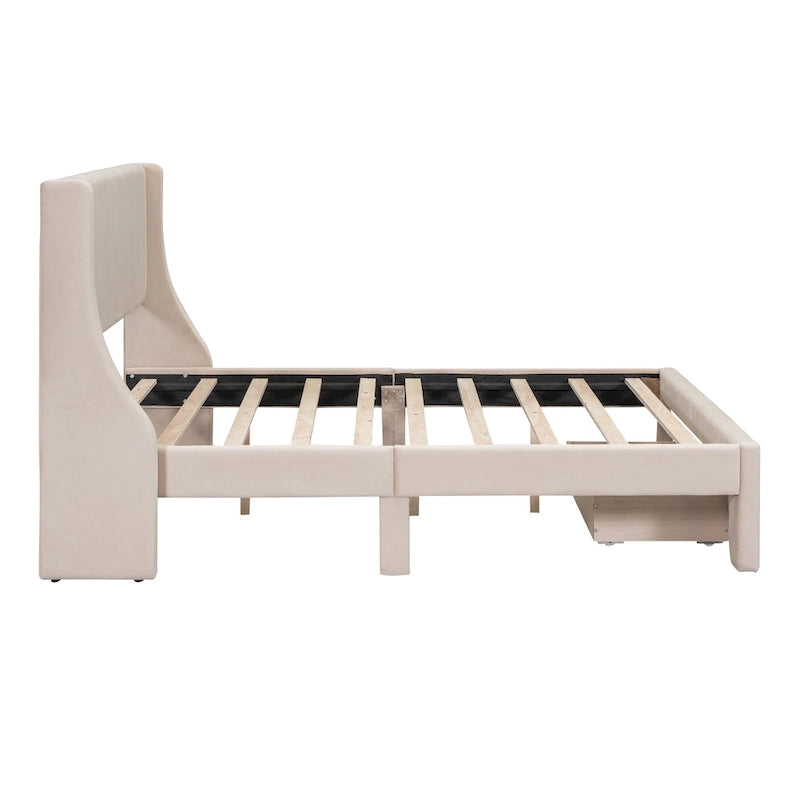 Lit plateforme tapissé en velours beige pleine grandeur avec grand tiroir