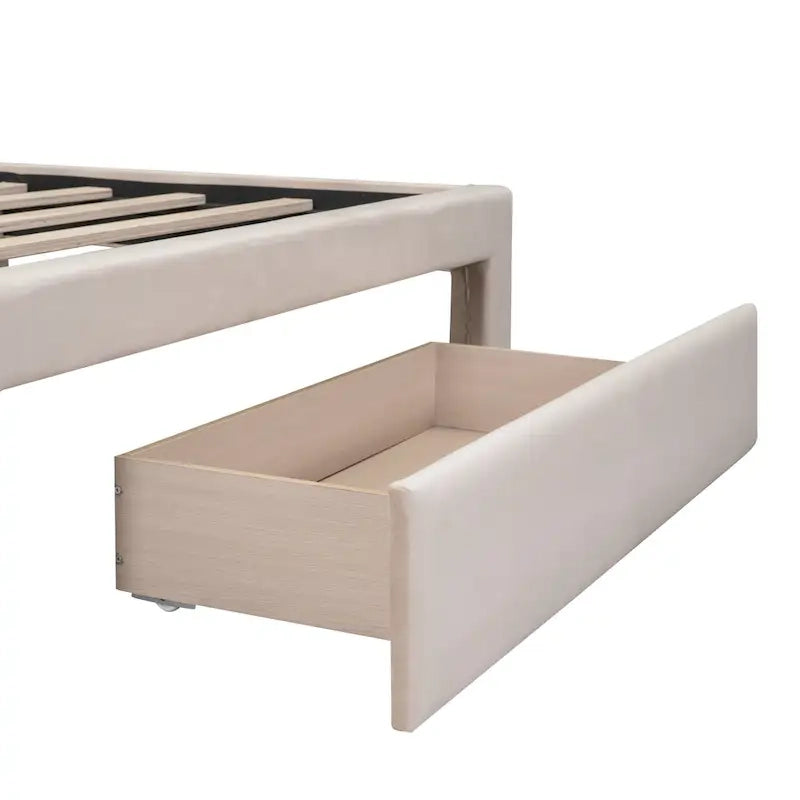 Lit plateforme tapissé en velours beige pleine grandeur avec grand tiroir