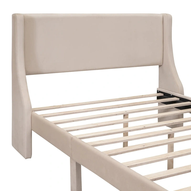 Lit plateforme tapissé en velours beige pleine grandeur avec grand tiroir