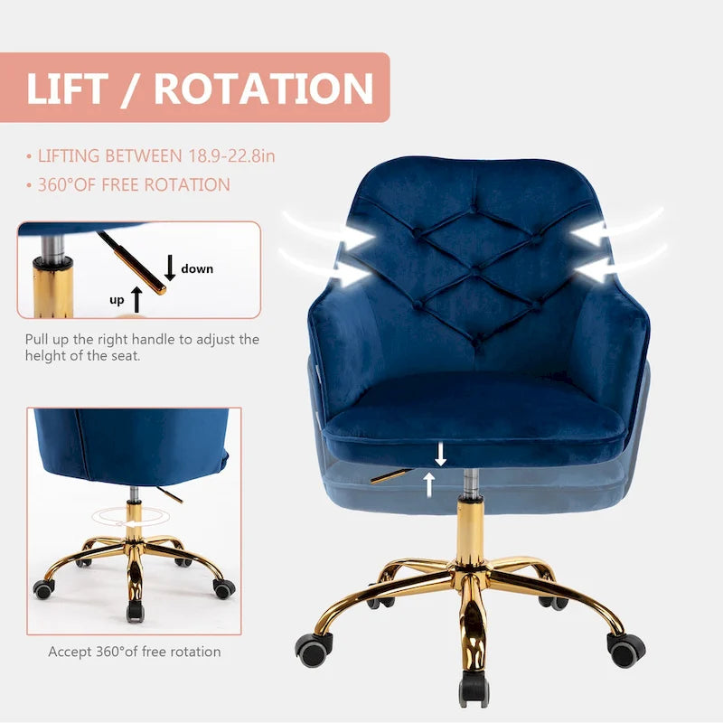 Fauteuil coquille pivotant en velours pour salon, chaise de bureau