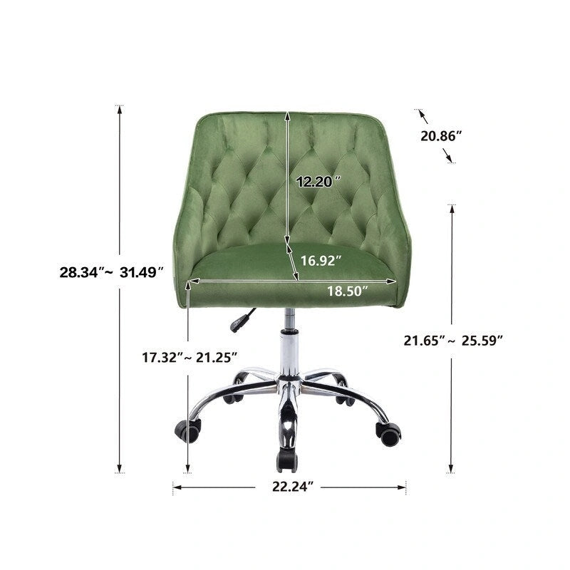 Chaise de bureau moderne en velours, réglable en hauteur, à dossier mi-haut avec pieds argentés