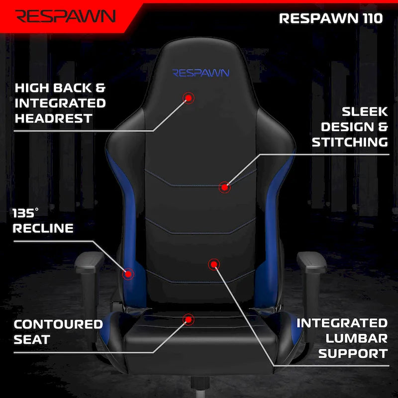 Chaise de jeu ergonomique RESPAWN 110 - Chaise de bureau d'ordinateur à dossier haut style course