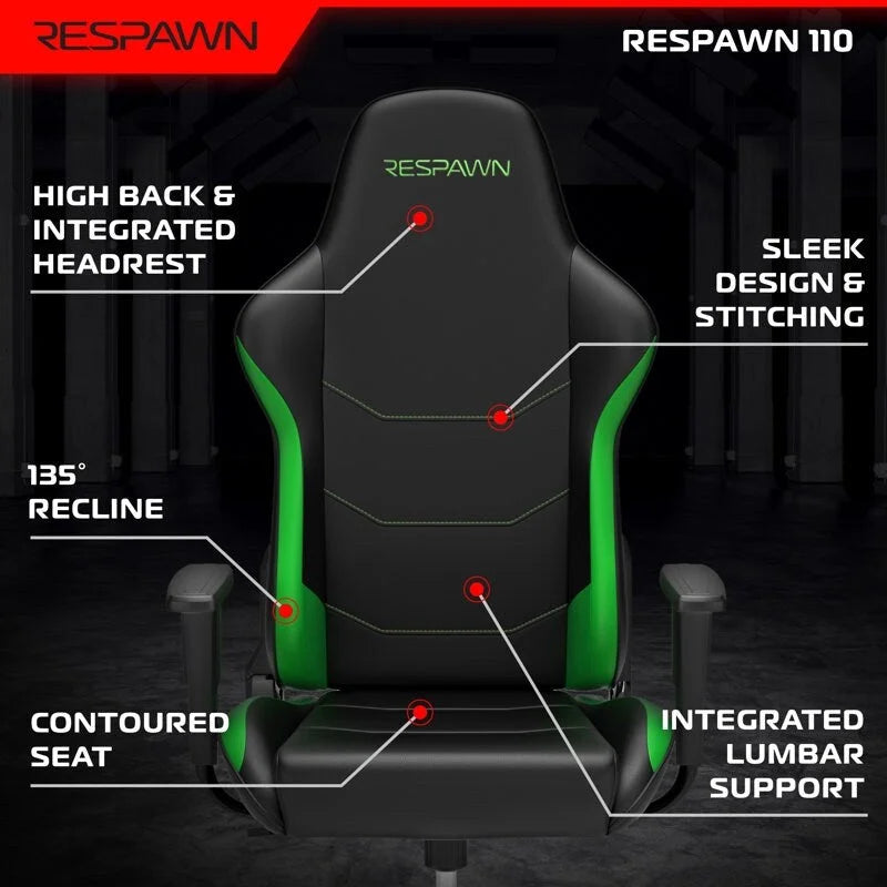 Chaise de jeu ergonomique RESPAWN 110 - Chaise de bureau d'ordinateur à dossier haut style course