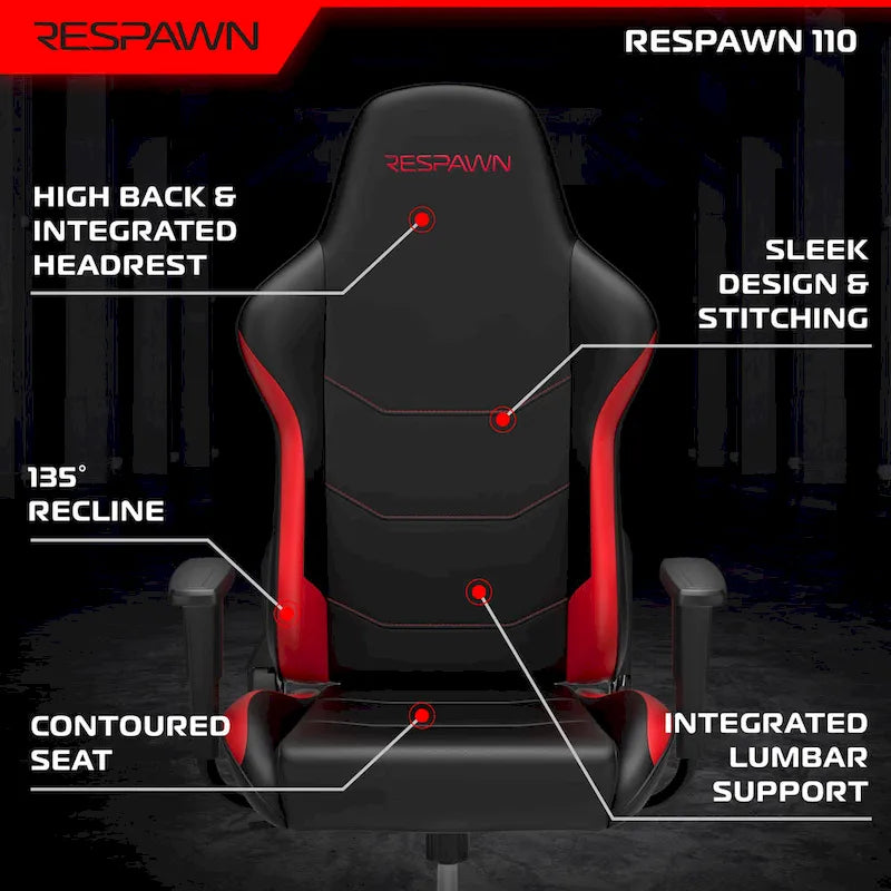 Chaise de jeu ergonomique RESPAWN 110 - Chaise de bureau d'ordinateur à dossier haut style course