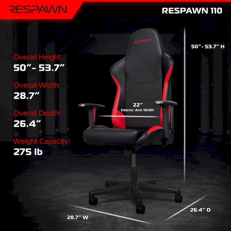 Chaise de jeu ergonomique RESPAWN 110 - Chaise de bureau d'ordinateur à dossier haut style course
