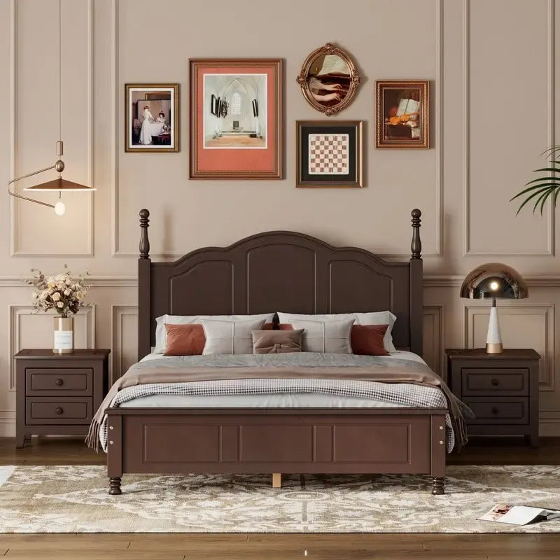 Ensemble de lit plateforme en bois au design rétro Queen/Full avec 2 tables de chevet, 3 pièces