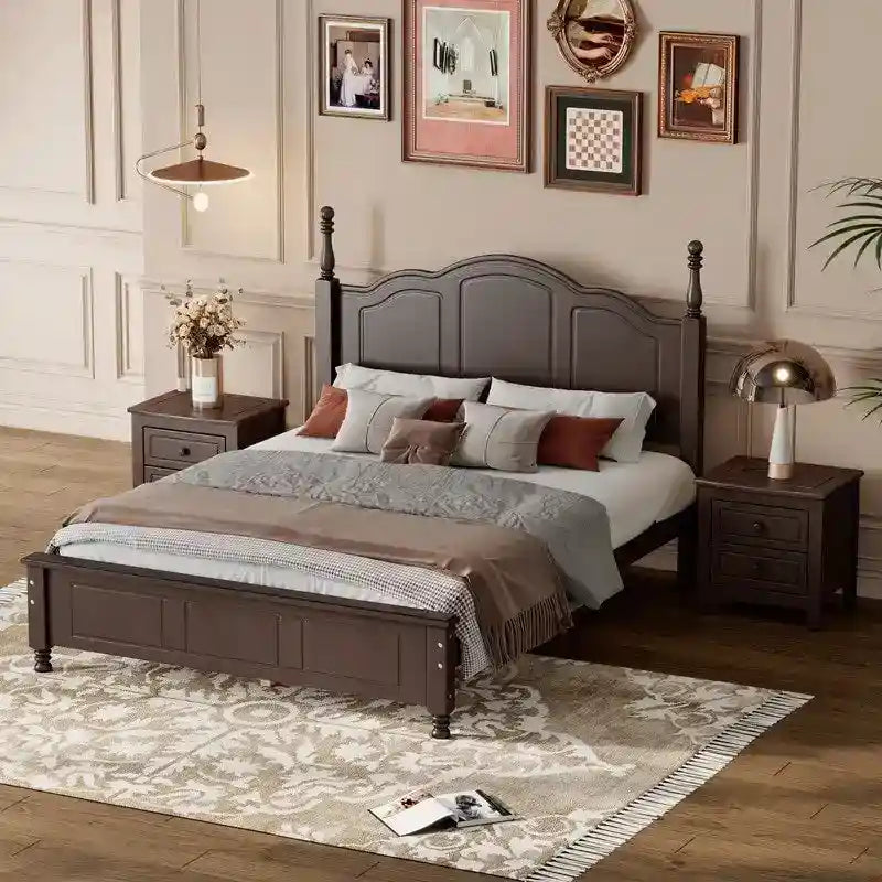 Ensemble de lit plateforme en bois au design rétro Queen/Full avec 2 tables de chevet, 3 pièces