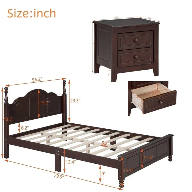 Ensemble de lit plateforme en bois au design rétro Queen/Full avec 2 tables de chevet, 3 pièces