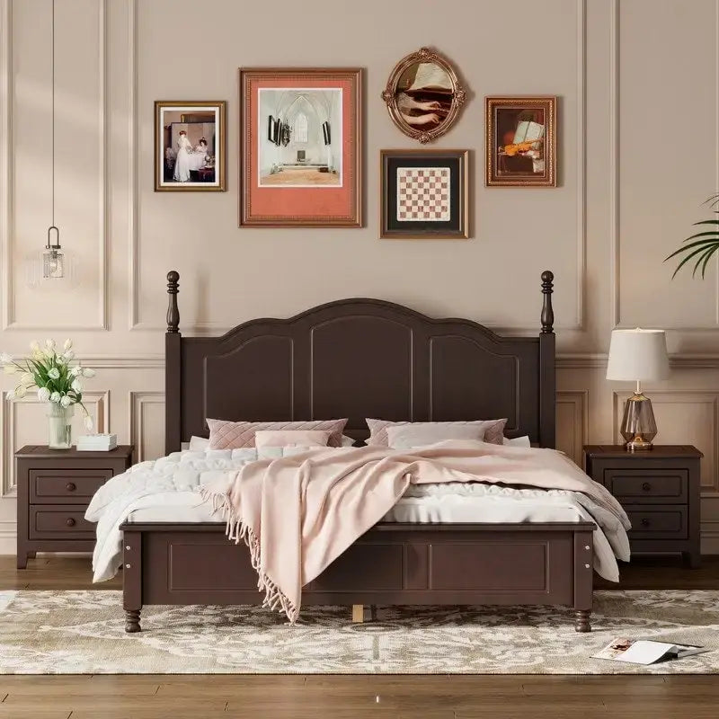 Ensemble de lit plateforme en bois au design rétro Queen/Full avec 2 tables de chevet, 3 pièces