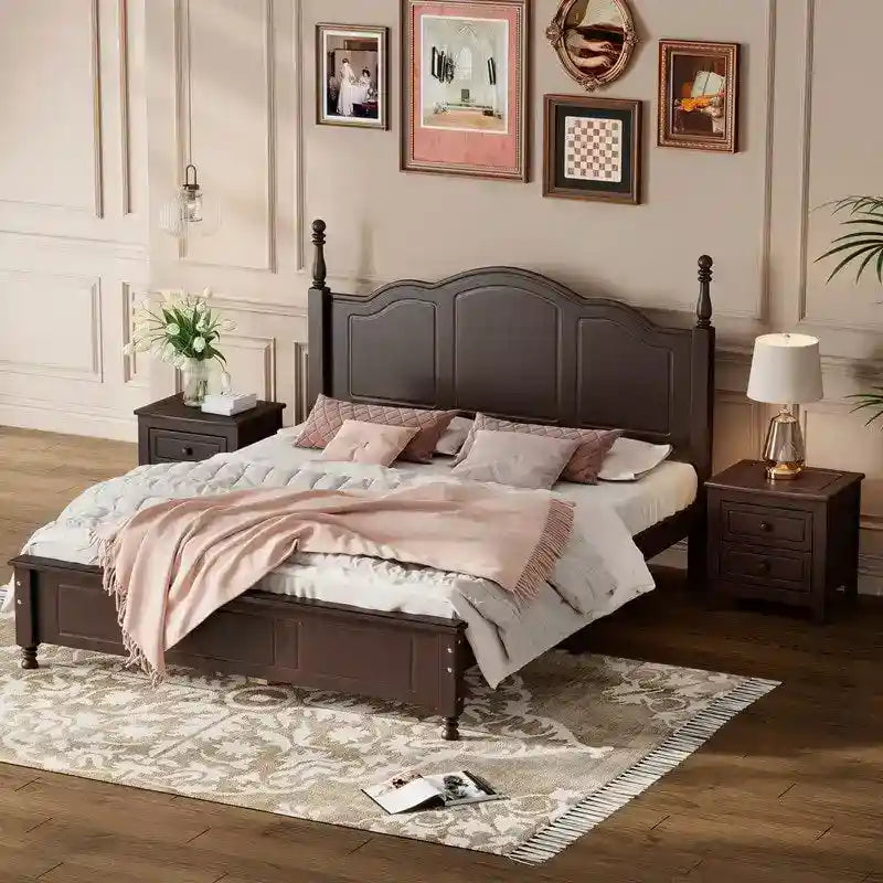 Ensemble de lit plateforme en bois au design rétro Queen/Full avec 2 tables de chevet, 3 pièces