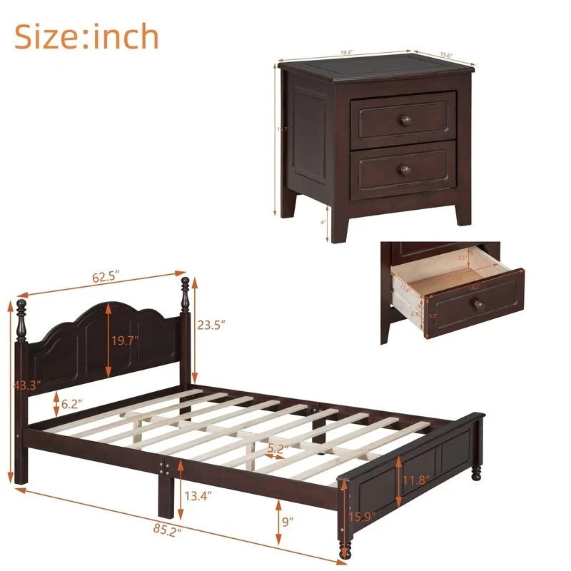 Ensemble de lit plateforme en bois au design rétro Queen/Full avec 2 tables de chevet, 3 pièces