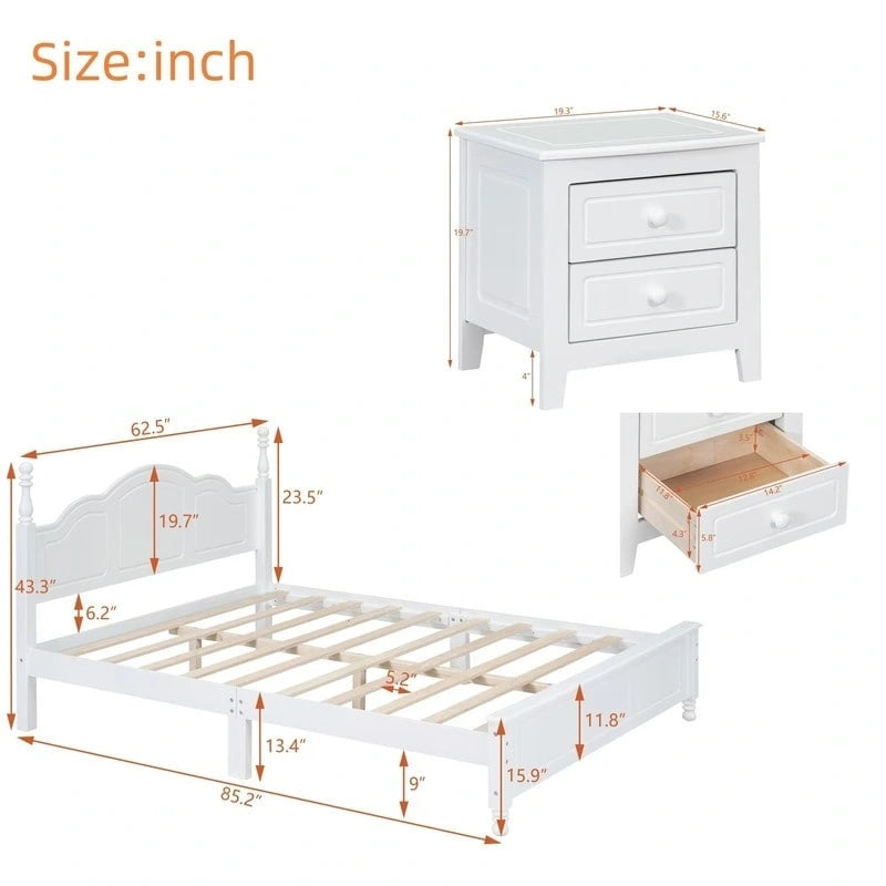 Ensemble de lit plateforme en bois au design rétro Queen/Full avec 2 tables de chevet, 3 pièces