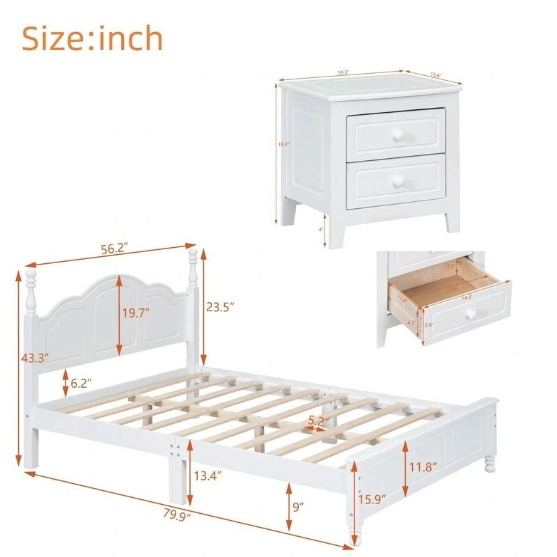 Ensemble de lit plateforme en bois au design rétro Queen/Full avec 2 tables de chevet, 3 pièces