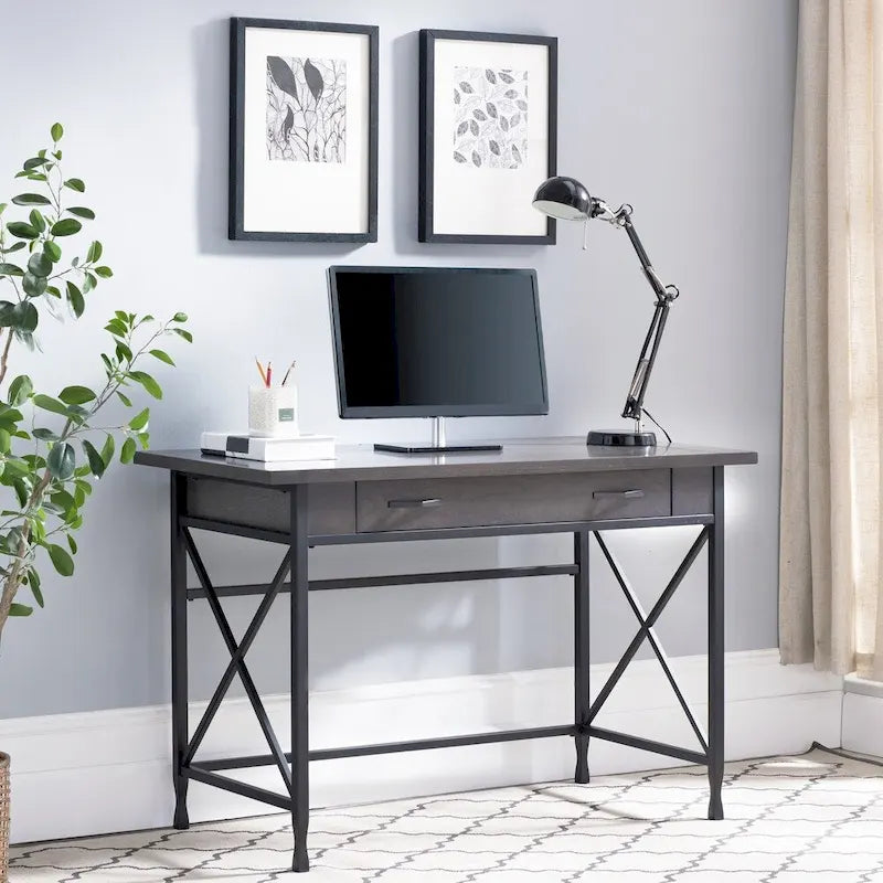 Bureau d'écriture/ordinateur en métal et bois gris 1 tiroir
