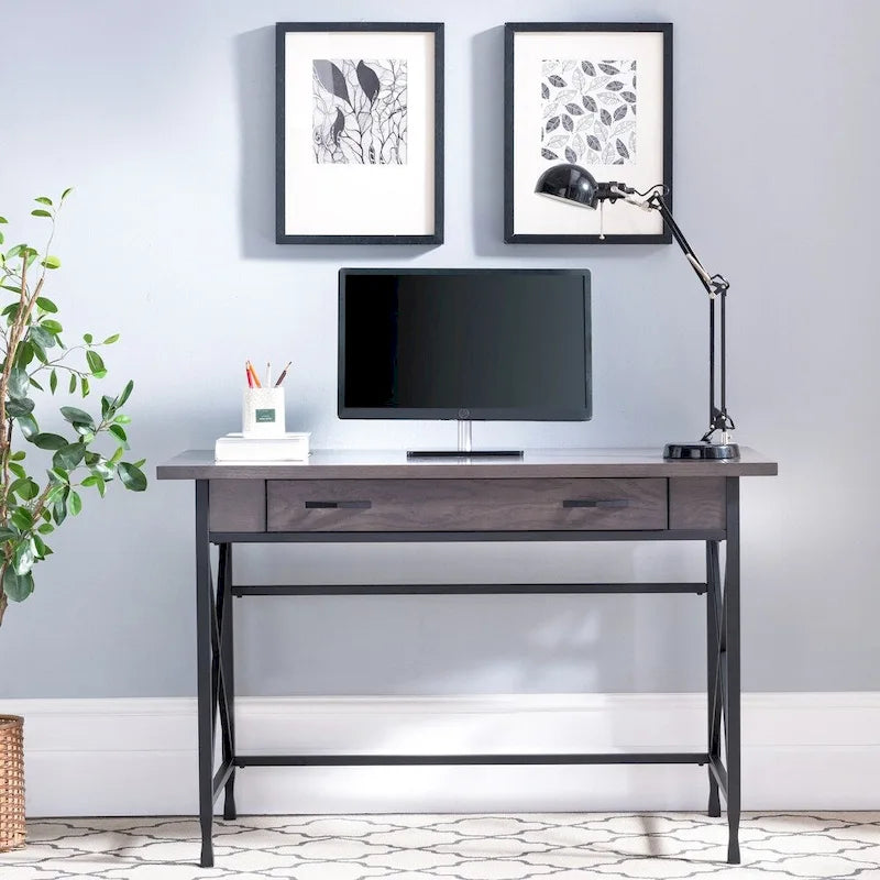 Bureau d'écriture/ordinateur en métal et bois gris 1 tiroir