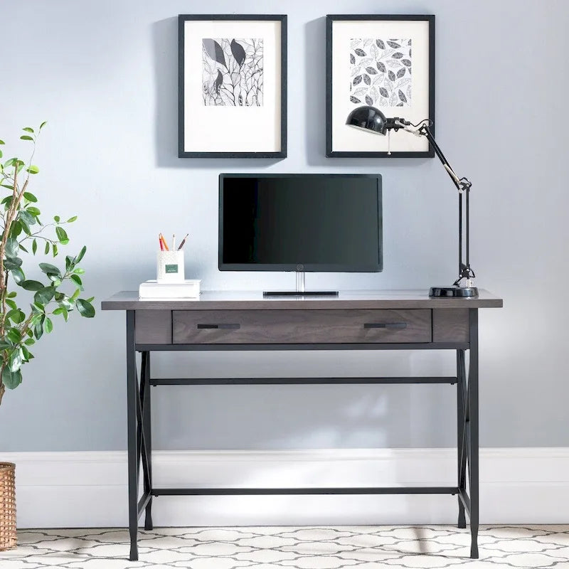 Bureau d'écriture/ordinateur en métal et bois gris 1 tiroir