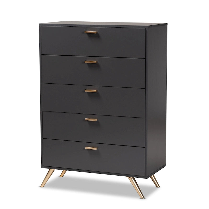 Commode à 5 tiroirs Kelson en bois gris foncé et doré