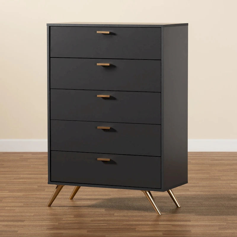 Commode à 5 tiroirs Kelson en bois gris foncé et doré