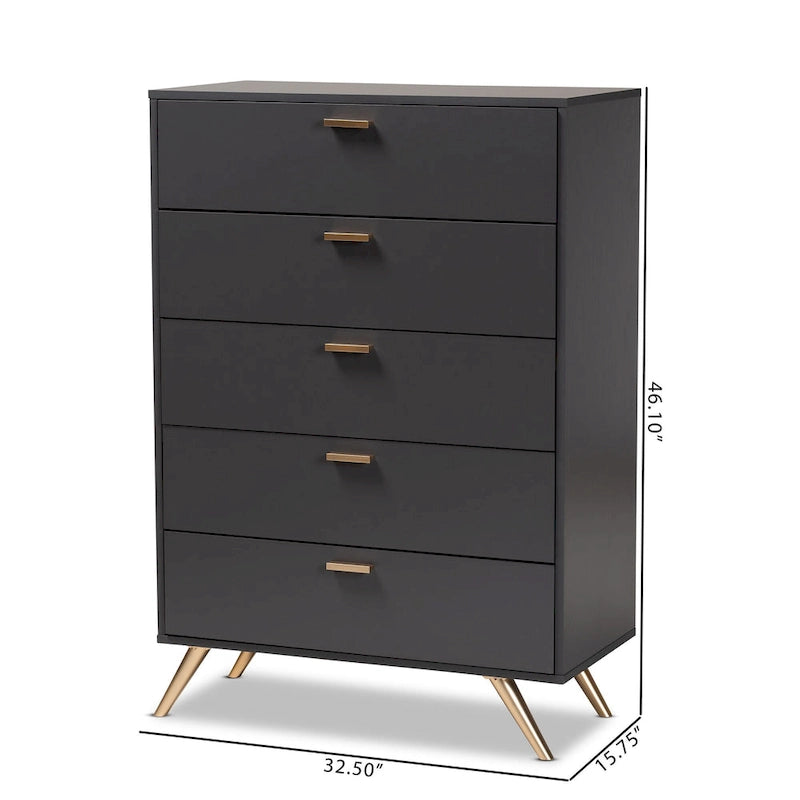Commode à 5 tiroirs Kelson en bois gris foncé et doré